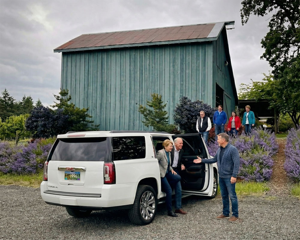 A professional wine tour host warmly welcoming guests out of a luxury white SUV at a scenic Willamette Valley vineyard with a rustic blue barn.