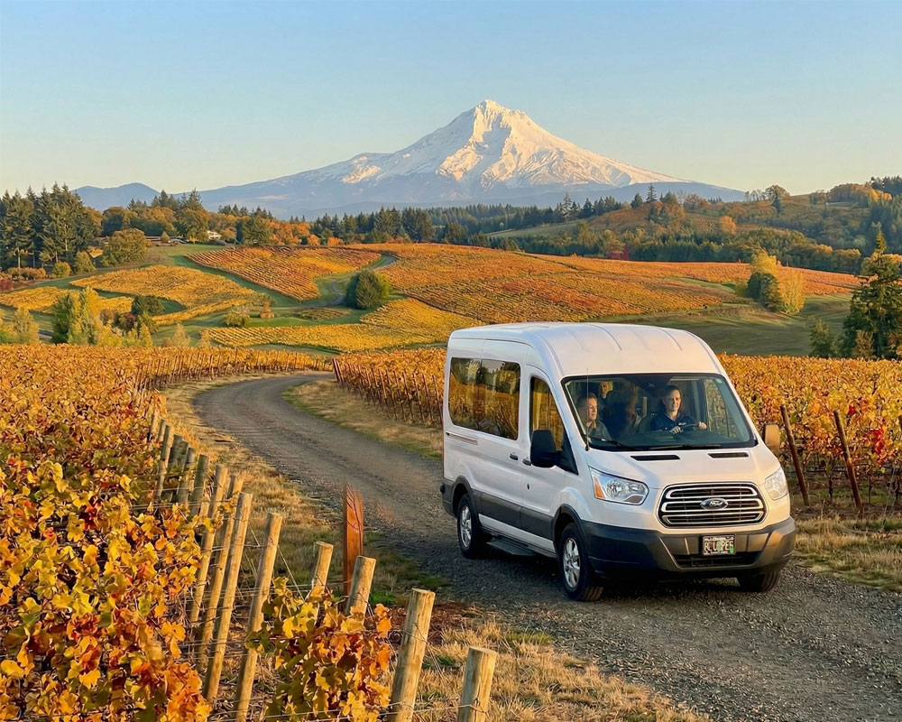 A private white wine tour van driving on a scenic dirt road through a Willamette Valley vineyard featuring golden fall foliage and Mount Hood in the background.