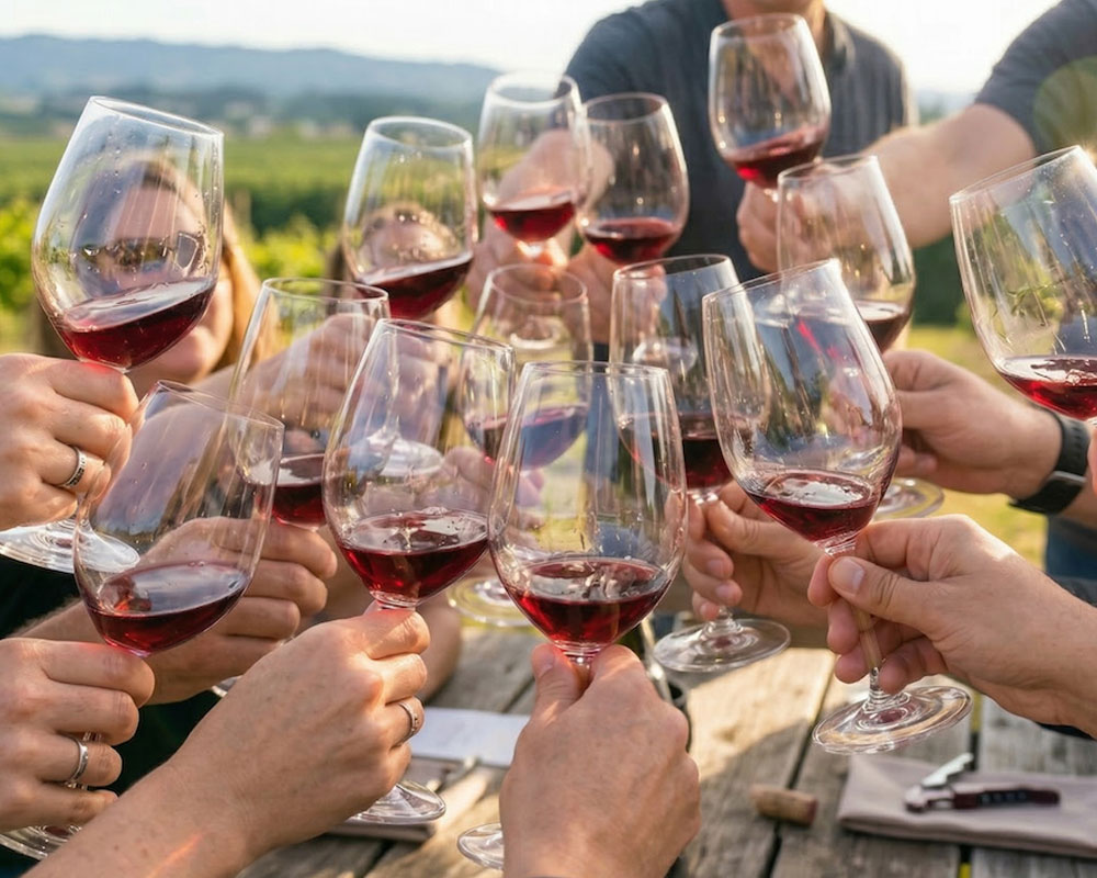 A large group of friends toasting with glasses of red wine during a Willamette Valley wine tour.