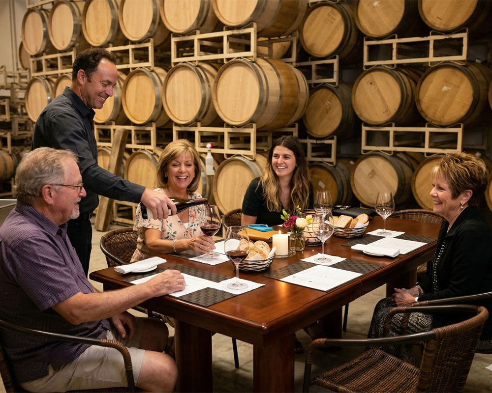 Guests enjoying a private Custom Crush wine tasting in the Willamette Valley.