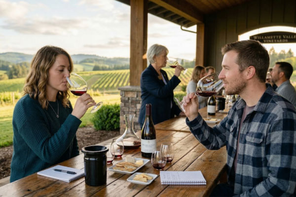 A couple evaluating and tasting red wine with tasting notes at an outdoor vineyard patio in the Willamette Valley.