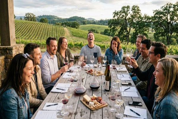 Private group wine tasting with Cellar Door Wine Tours in a Willamette Valley vineyard, Oregon.