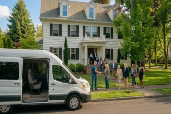 A professional, private white passenger transit van with the side door open is parked at the curb of a luxury high-end home on a tree-lined street as guests are greeted by a Cellar Door Wine Tours driver for their custom wine itinerary.