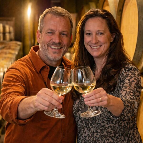Mark and Helen raising wine glasses during a private Willamette Valley wine tasting