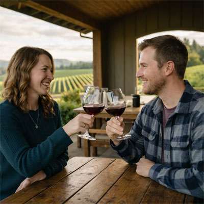 Couple enjoying a private wine tasting during a Custom Crush experience in the Willamette Valley