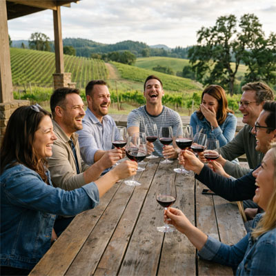 Friends enjoying a private group wine tour during the Magnum Experience in the Willamette Valley